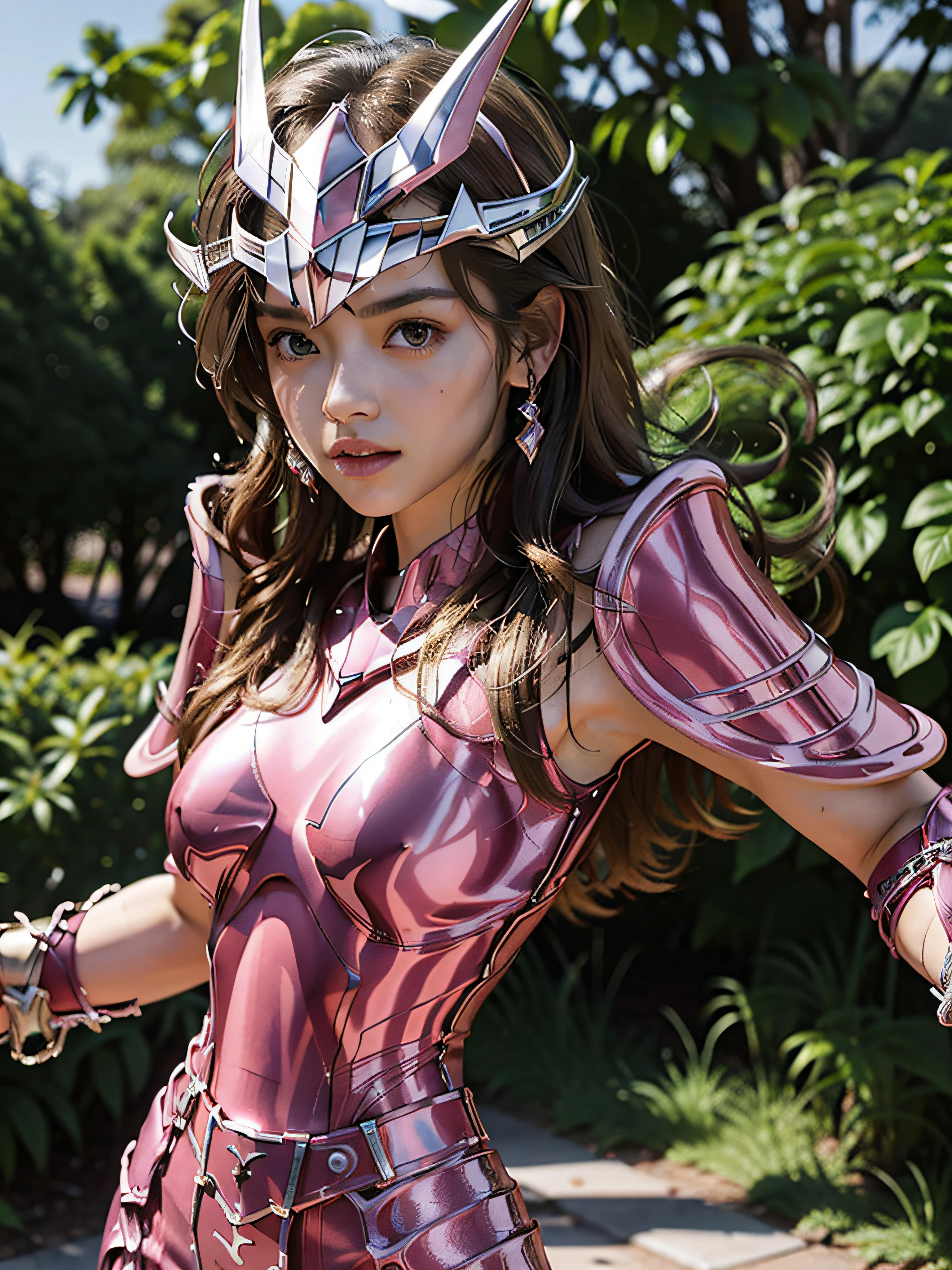 1 girl, krface1,
(MASTERPIECE:1.2),(REALISTIC:1.4),8K,solo, (detail skin:1),realistic skin texture,best lighting,ฺStand up,
best quality, photorealistic, masterpiece, 8k, high res, solo, (professional lighting, bokeh), extremely detailed face,
 Andromeda Shun holding a chain, looking at the camera,((wearing a pink helmet)),
((Girl wearing pink full armor)), green pants, female focus, ashionable and trendy atmosphere, japan, street,