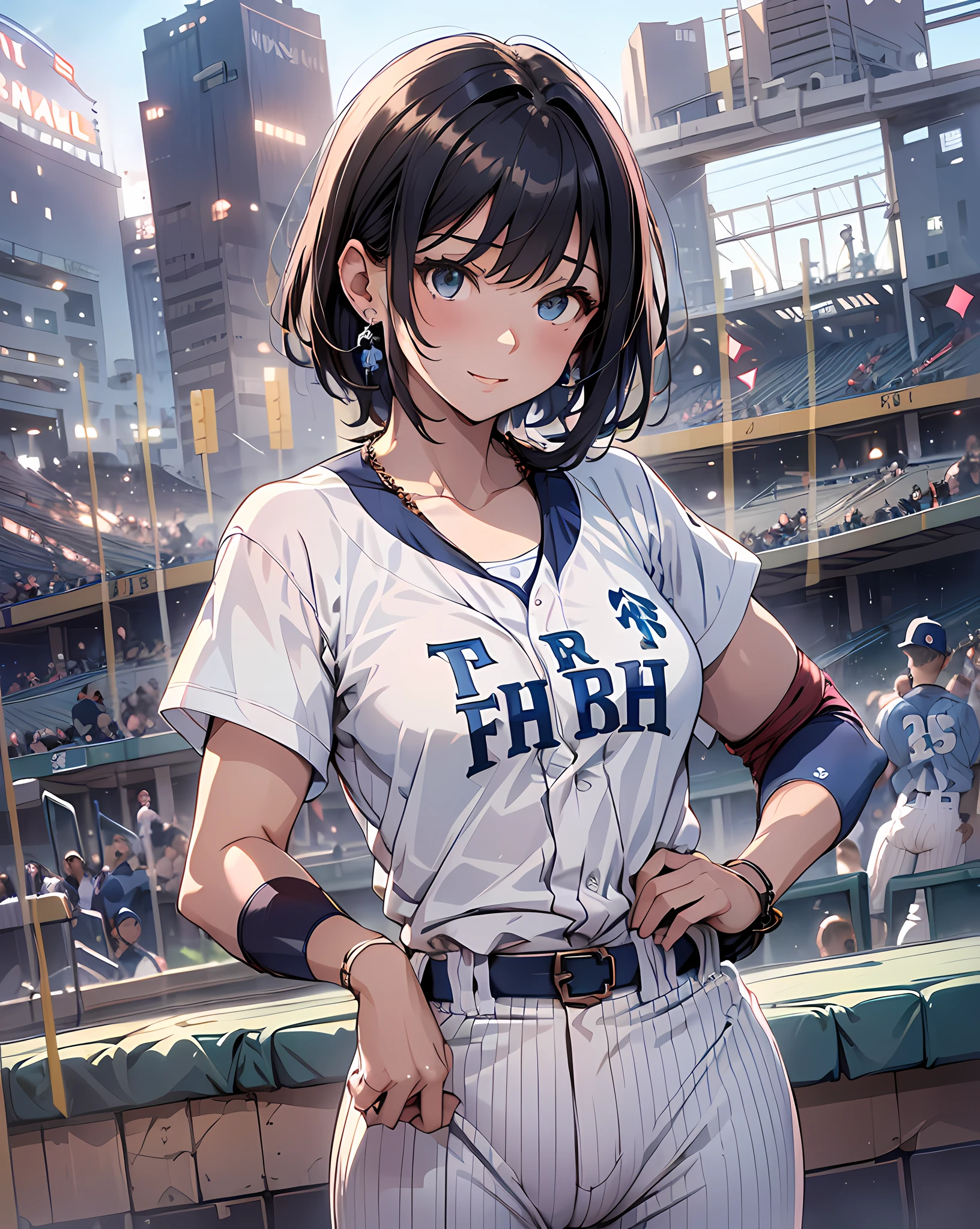 (masterpiece, best quality:1.37), highres, ultra-detailed, ultra-sharp, BREAK, Japanese school girl model, 1girl, (beautiful anime face, cute face, detailed face), (black hair, short hair, bangs), blue eyes, jewelry, earrings, piercing, BREAK, ((detailed baseball costume:1.5), (detailed blue white baseball shirts:1.3 and pants:1.3)), lovely look, detailed clothes), light smile, closed mouth, parted lips, pink lipstick, BREAK, standing, arms behind on hip, leaning forward, cowboy shot, detailed human hands, HDTV:1.2, ((detailed baseball stadium view background:1.3)), 8 life size, slender, anime style, anime style school girl, perfect anatomy, perfect proportion, inspiration from Kyoto animation and A-1 picture, late evening, excellent lighting, bright colors, clean lines, photorealistic