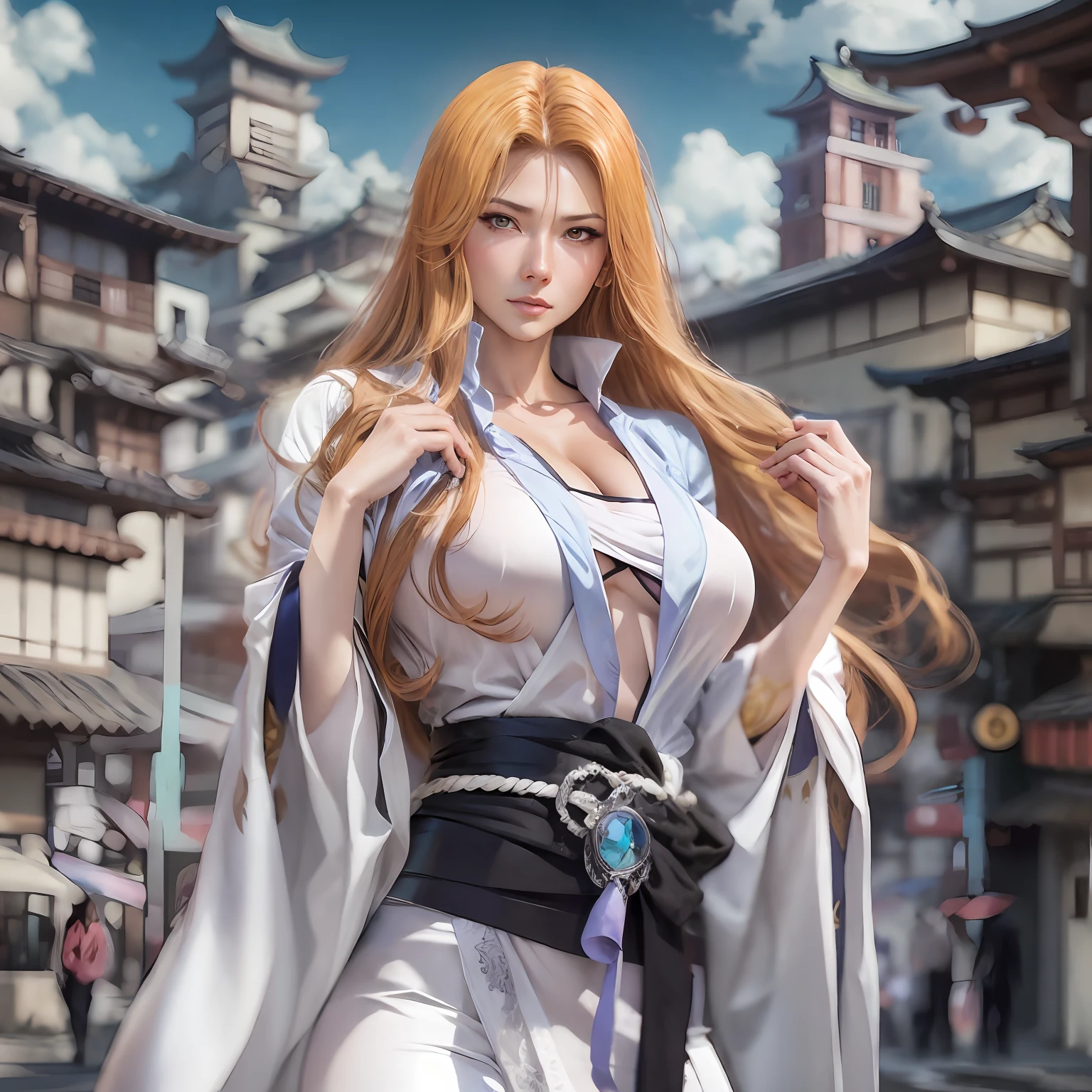 A Rangiku Matsumoto from Bleach Masterpiece, Perfect Body, Perfect Face, Perfect Detailed Eyes, Perfect hands, In the middle of a medieval Japanese City, detailed and intrincicated, HD, photoshoot