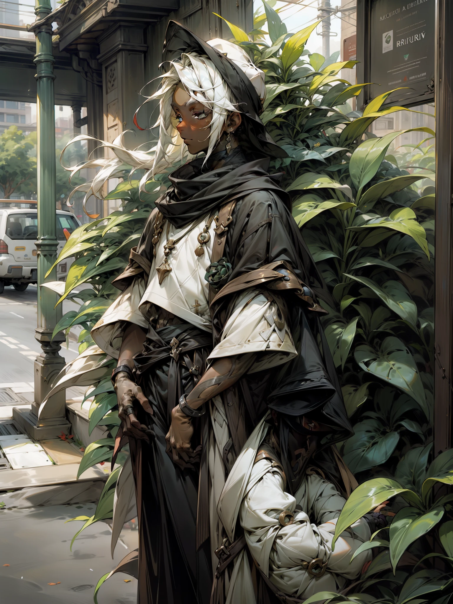 1 boy with black skin coloration, de frente para uma floricultura, waiting for the bus, wearing a green cap, usando um vestido de cor marrom claro;, with a loop in the middle large, white hair coloring, cabelo curto