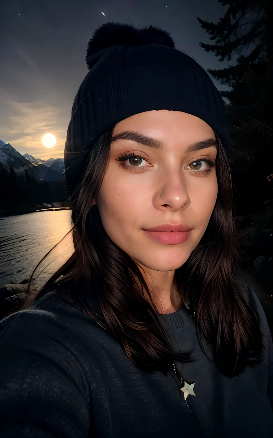 photorealistic, best quality, hyper detailed, beautiful woman, selfie photo, upper body, solo, wearing pullover, outdoors, (night), mountains, real life nature, stars, moon, (cheerful, happy), sleeping bag, gloves, sweater, beanie, flashlight, forest, rocks, river, wood, smoke, fog, clear sky, analog style, looking at viewer, skin texture, film grain, close up, ultra high res, best shadow, RAW, instagram LUT