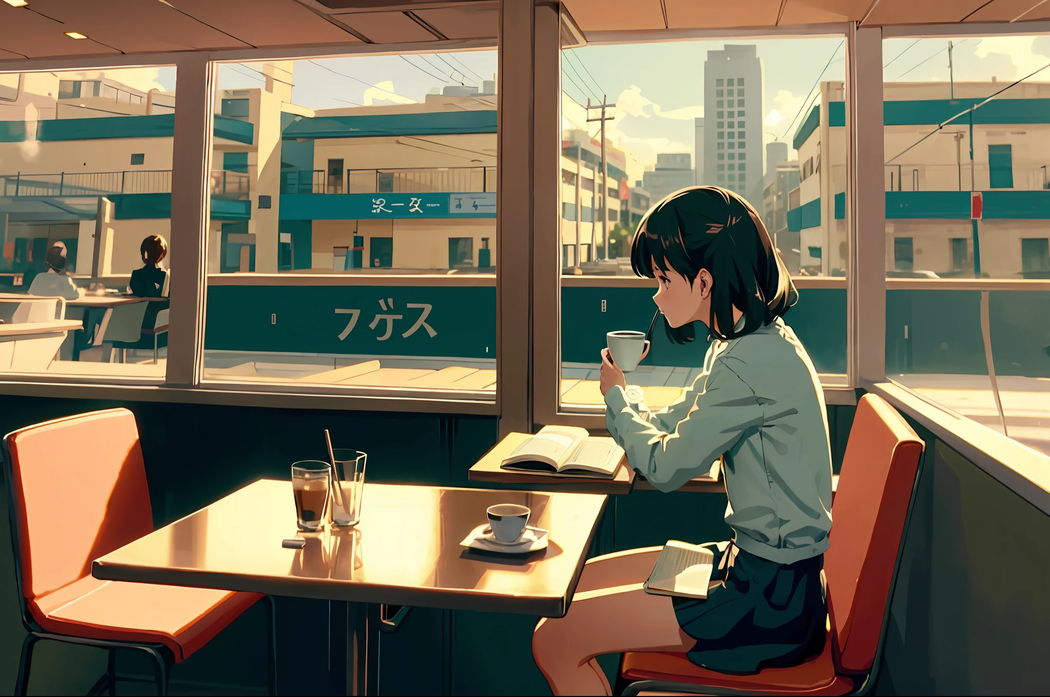 anime, cenário: cafeteria cheia de pessoas. Menina em uma mesa com uma xícara de café e um livro aberto.