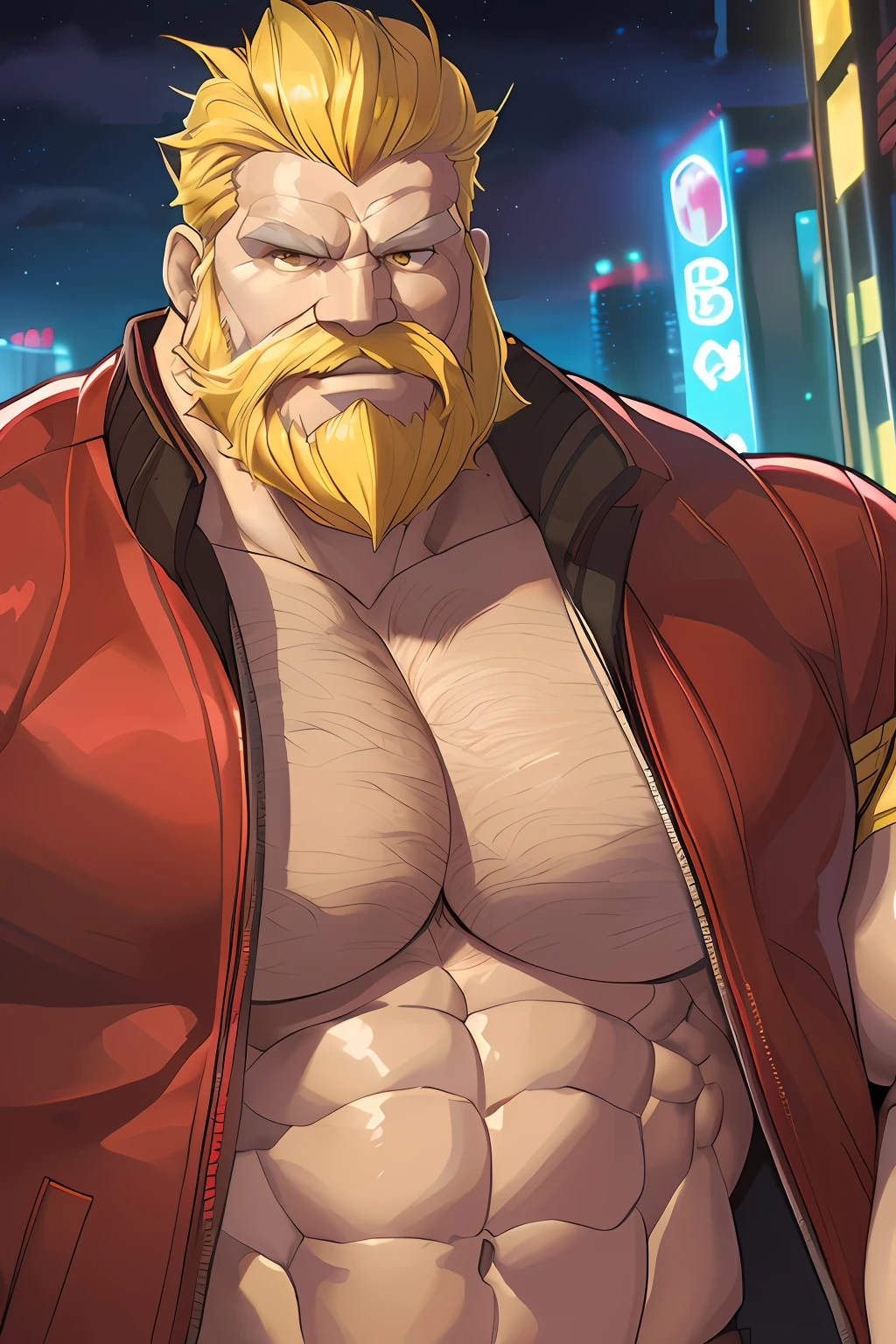 A huge muscular old man Wearing red jacket in night city, (old man (huge muscular, giga Chad, bara, big arm, biggest arm, biggest muscular, biggest chest , big chest, big pec, big bicep, extremely detailed muscle, short hair, white bearded, yellow hair