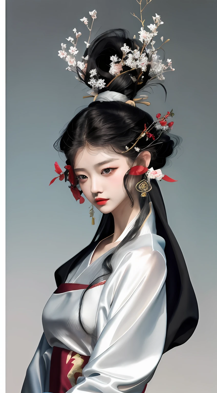 There was a woman wearing a veil，There is a flower on the hair, Beautiful character painting, Guviz-style artwork, Guviz, Palace ， A girl in Hanfu, by Yang J, White Hanfu, white  clothes，All white，silkouette，author：Li Fangying, by Ye Xin, By Li Song, author：Qiu Ying, author：Yu Zheding