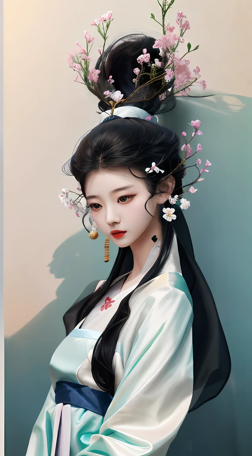 There was a woman wearing a veil，There is a flower on the hair, Beautiful character painting, Guviz-style artwork, Guviz, Palace ， A girl in Hanfu, by Yang J, White Hanfu, white  clothes，author：Li Fangying, by Ye Xin, By Li Song, author：Qiu Ying, author：Yu Zheding