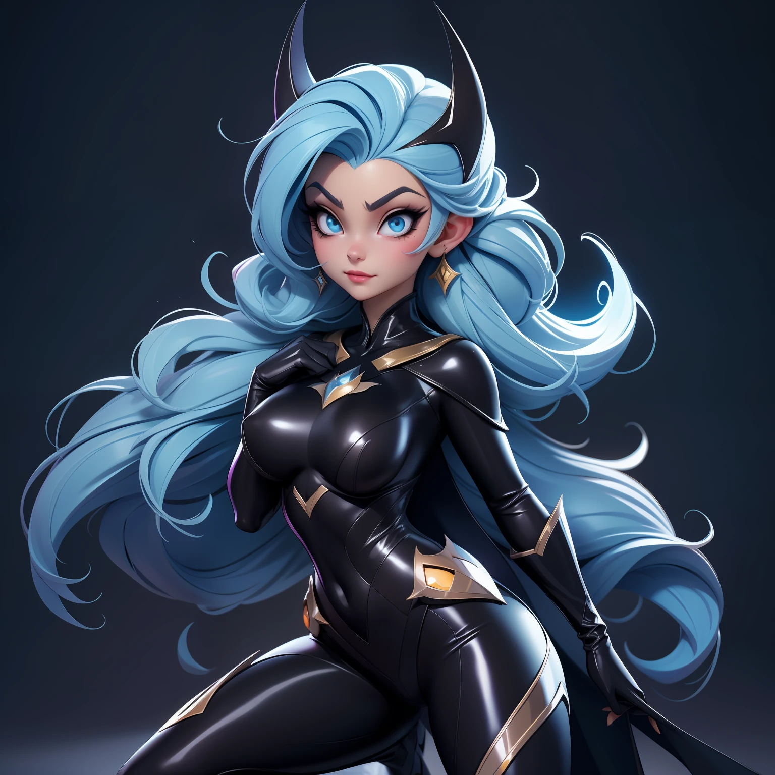 Fusion Elsa-Batman, Vêtements Batman, fusion, 1fille, Body en latex preto, Beau, (partie maîtresse:1.2), (meilleure qualité:1.2), ((pose de combat)), ((champ de bataille)), cinématique, yeux parfaits, peau parfaite, éclairage parfait, sourir, lumière, Cor, peau texturée, Détail, beauté, merveille, ultra-détaillé, Visage parfait