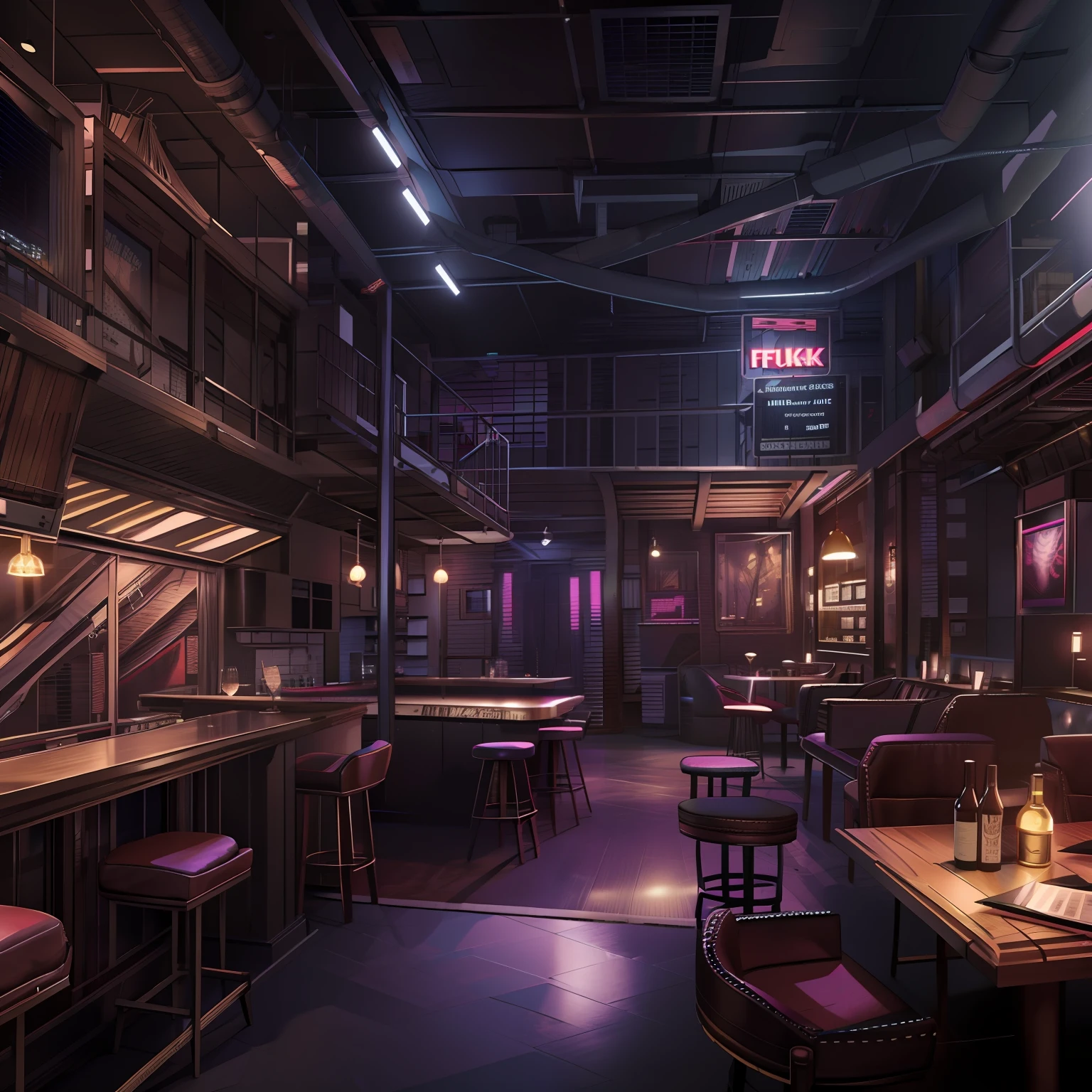 （（tmasterpiece）），best qualtiy， （8K， best qualtiy， tmasterpiece：1.2）， ultra - detailed， illustratio， small_scene， 3D_scene，Rear interior，striptease，pole dance，speakeasy ， Cyberpunk knife，