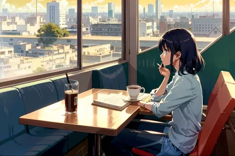 anime, scenecy: cafeteria cheia de pessoas. Girl at a table with a cup of coffee , lendo um livro