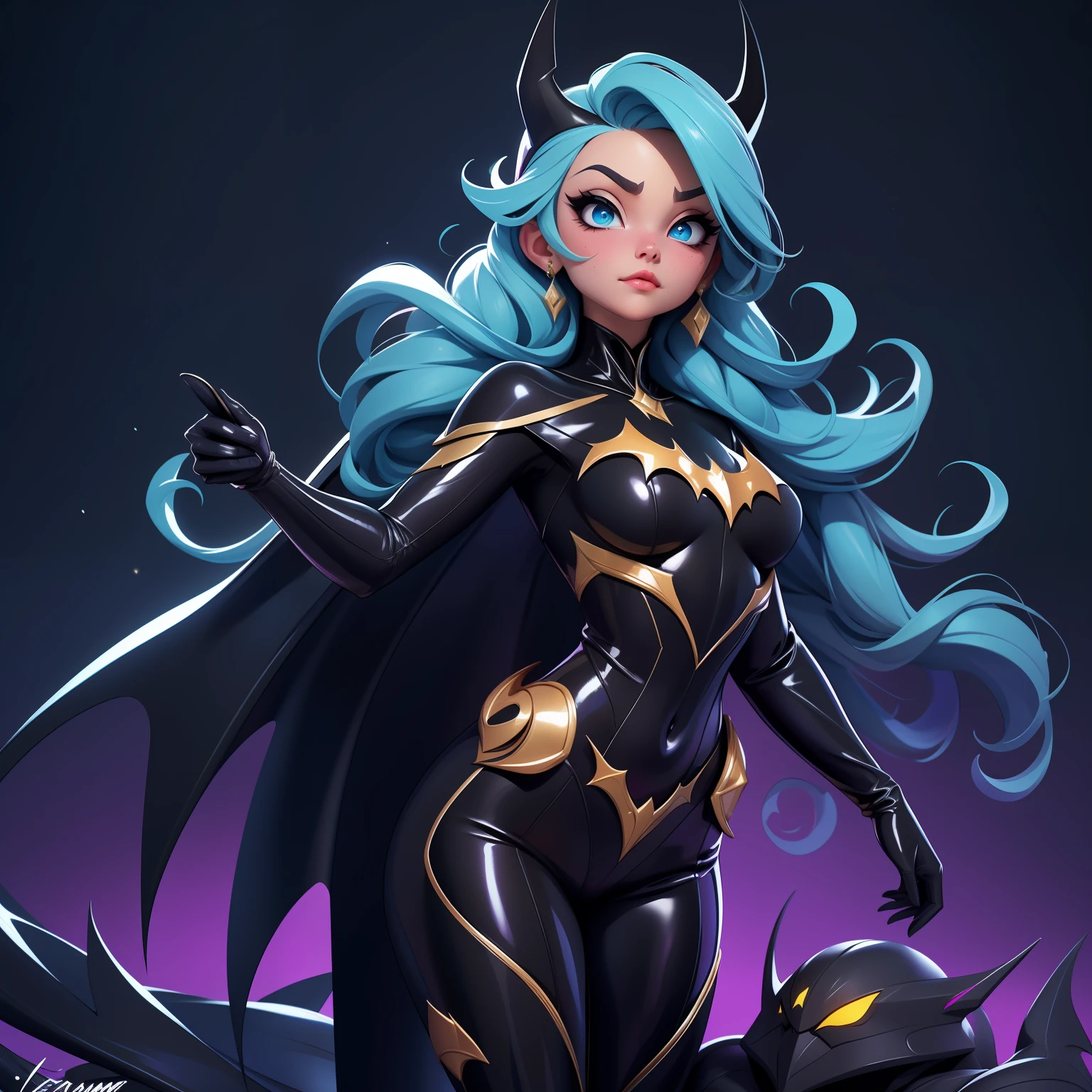 Fusion Elsa-Batman, Vêtements Batman, fusion, 1fille, Body en latex preto, Beau, (partie maîtresse:1.2), (meilleure qualité:1.2), ((pose de combat)), ((champ de bataille)), cinématique, yeux parfaits, peau parfaite, éclairage parfait, sourir, lumière, Cor, peau texturée, Détail, beauté, merveille, ultra-détaillé, Visage parfait