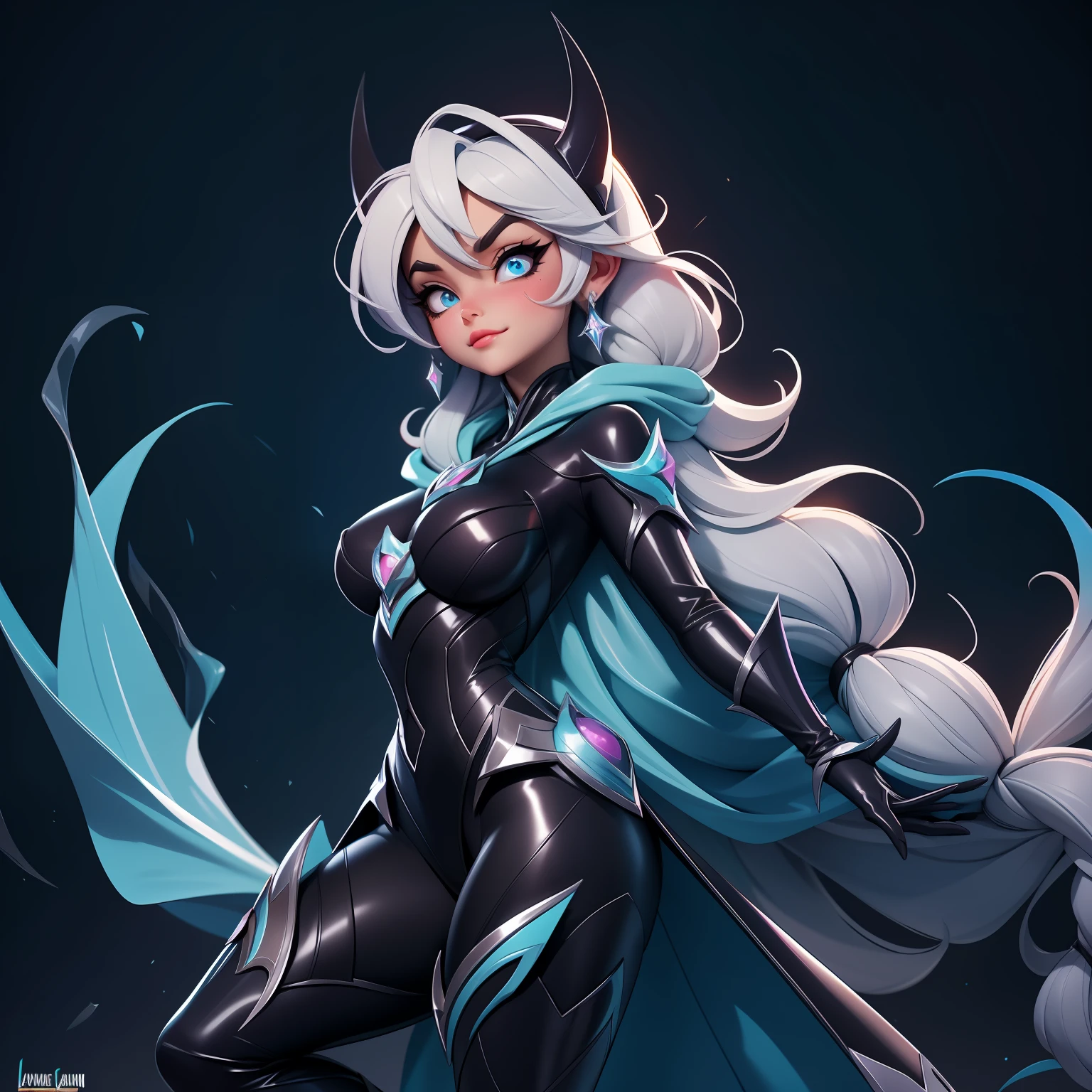 Fusion Elsa-Batman, Vêtements Batman, Les cheveux d&#39;Elsa, fusion, 1fille, Body en latex preto, Beau, (partie maîtresse:1.2), (meilleure qualité:1.2), ((pose de combat)), ((champ de bataille)), cinématique, yeux parfaits, peau parfaite, éclairage parfait, sourir, lumière, Cor, peau texturée, Détail, beauté, merveille, ultra-détaillé, Visage parfait