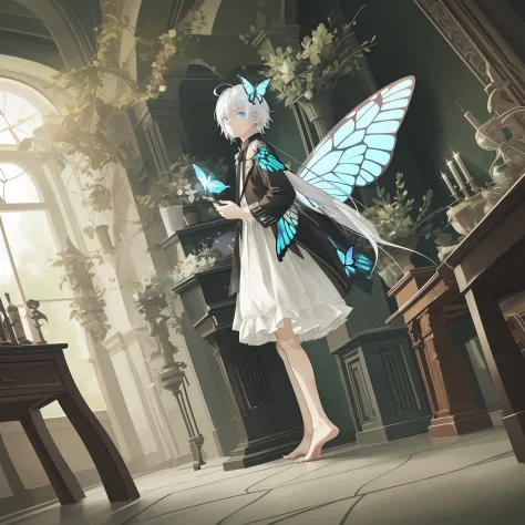 （4K），Little boy with white hair and bare feet，With butterfly wings，Take the staff，Eyes resolute，Cinema lenses，2D