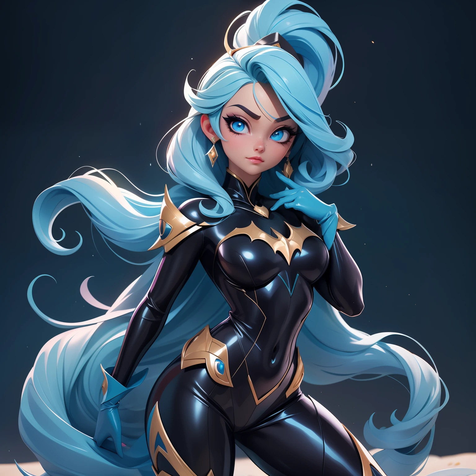 Elsa-Batman Fusion, Batman-Kleidung, Elsas blondes Haar, schmelzen, 1 Mädchen, Schwarzer Latex-Body, Schön, Eispartikel, Fledermäuse, Fledermäuse de gelo, (Masterteil:1.2), (Bessere Qualität:1.2), ((Kampfpose)), ((Schlachtfeld)), filmisch, perfekte Augen, perfekte Haut, Perfekte Beleuchtung, Lächeln, Licht, kor, strukturierte Haut, Detail, Schönheit, Wunder, ultradetailliert, Perfektes Gesicht