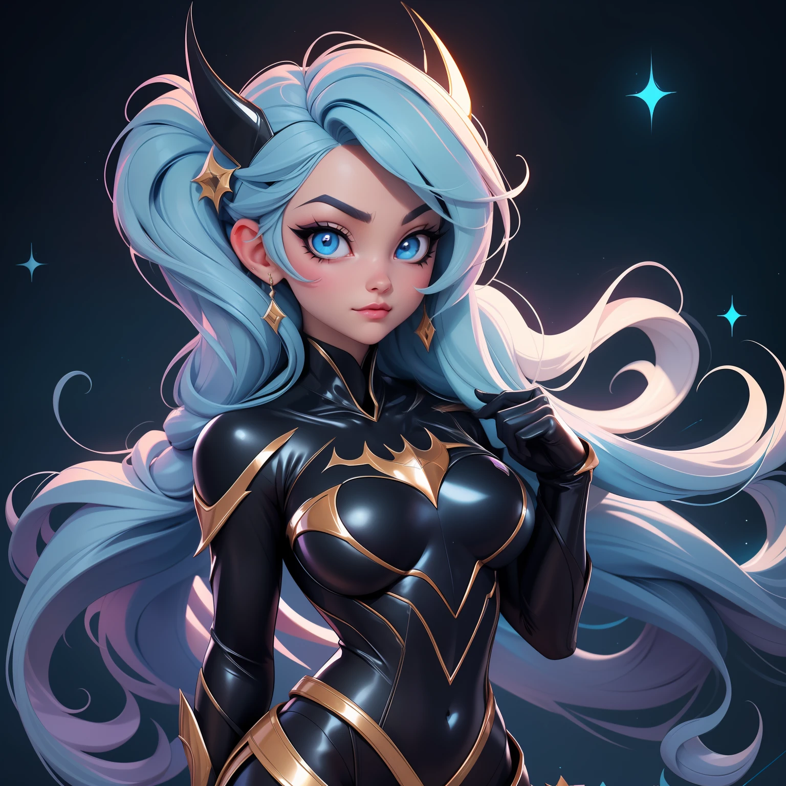 Fusion Elsa-Batman, Vêtements Batman, Les cheveux blonds d&#39;Elsa, fusion, 1fille, Body en latex preto, Beau, particules de glace, chauves-souris, chauves-souris de gelo, (partie maîtresse:1.2), (meilleure qualité:1.2), ((pose de combat)), ((champ de bataille)), cinématique, yeux parfaits, peau parfaite, éclairage parfait, sourir, lumière, Cor, peau texturée, Détail, beauté, merveille, ultra-détaillé, Visage parfait