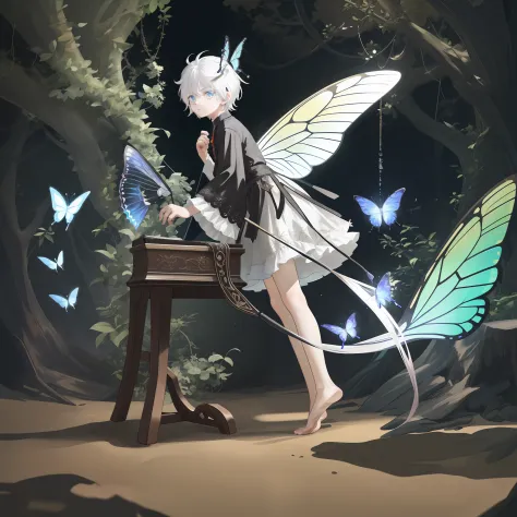 （4K），Little boy with white hair and bare feet，With butterfly wings，Take the staff，Eyes resolute，Cinema lenses，2D