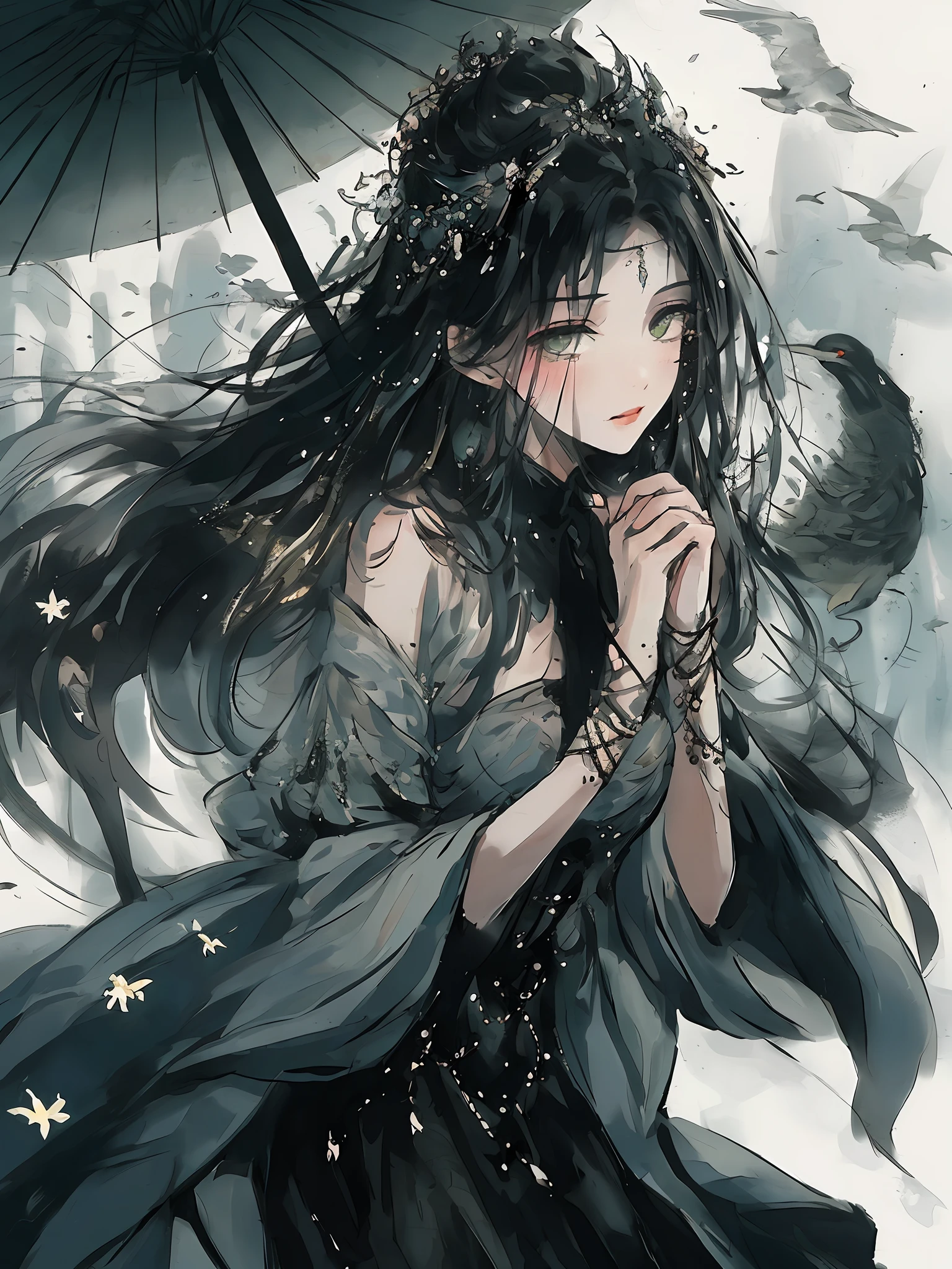 Masterpiece, Best quality, offcial art, 8K wallpaper, Highly detailed, illustration, 1 girl, Beautiful side face，whaite hair, long and flowing hair, Detailed eyes, SakuraNS, Small lake，Pavilion，oil-paper umbrella，rain，Chinese style painting，Sophisticated attire，lakes, Pure, Soft smile,Very large full moon，