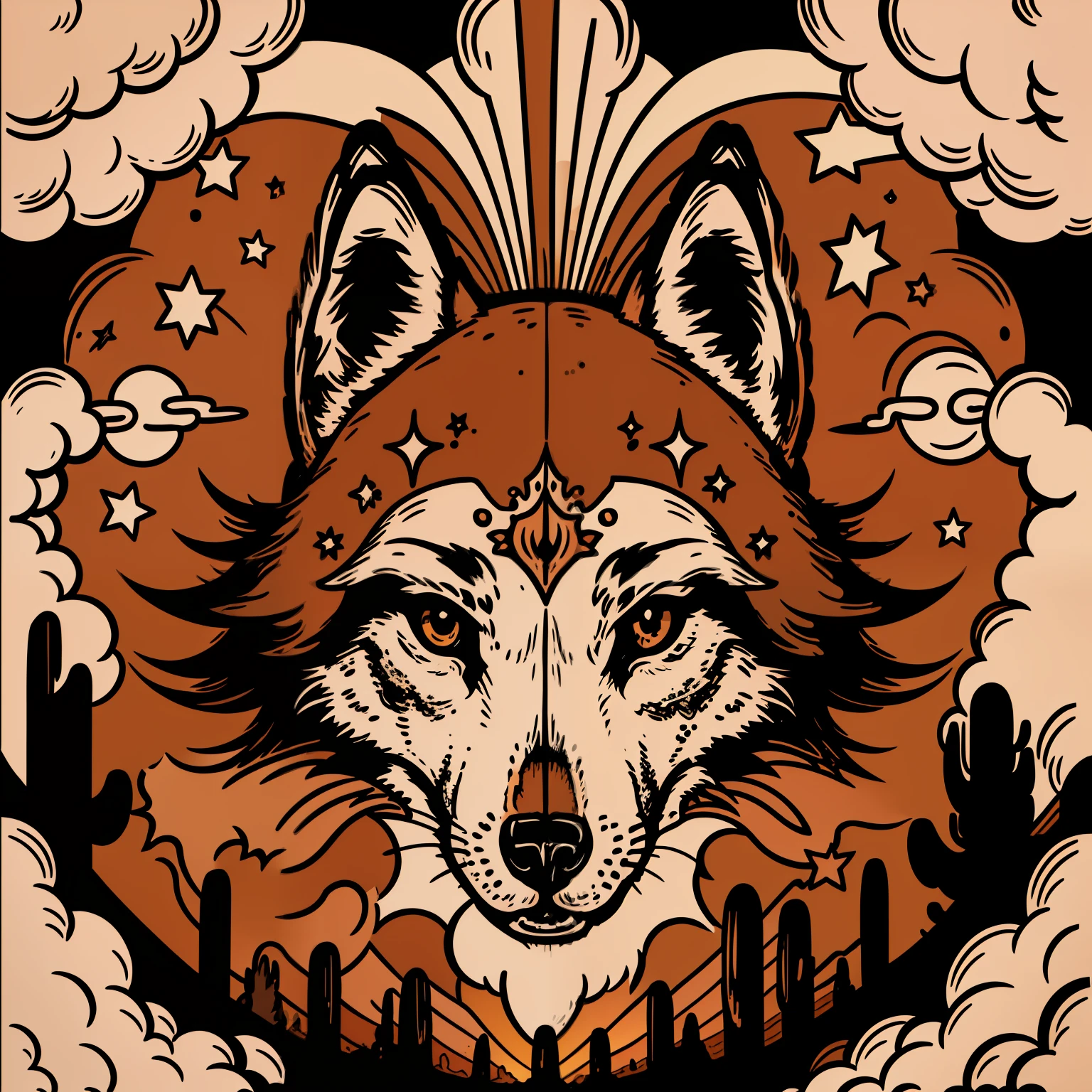 (nvinkpunk:1.2) (snthwve style:0.8) wolf, anthro, lightwave, sunset, intricate, highly detailed, black and white