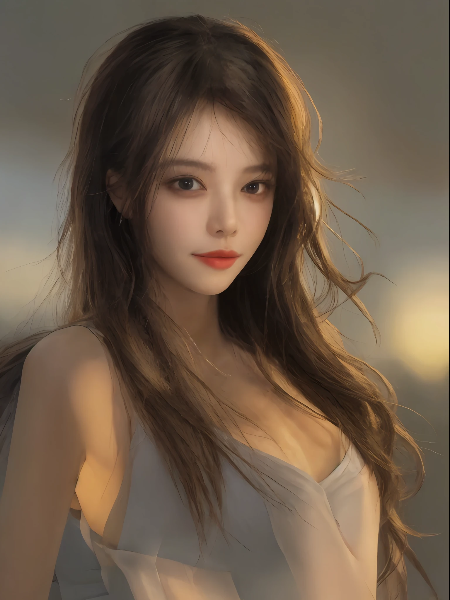 1girll， solo， hentail realism， brunette color hair， ， 黑The eye， cparted lips， Keep one's mouth shut， hair between eye， tmasterpiece， （realisticlying：1.3），， rays of sunshine，roof，At sunrise，Warm tones