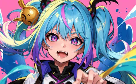 Masterpiece, High quality, A high resolution, absurderes, Ultra-detailed, Detailed eyes, 8K, Tienbu_Kobokanaru, 1girll, Colorful eyes, poison fangs, Open mouth, bangs, Colorful background, view the viewer, vibrant, Contrast, Blue hair, White hair, Gradient...