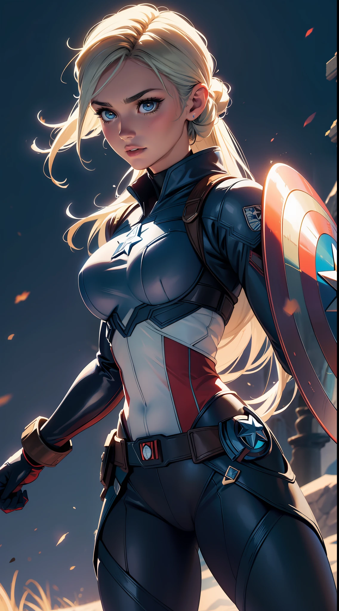 Elsa-Captain America Fusion, Captain America's Clothes, Cabelos brancos da Elsa, melting, 1girl, Latex bodysuit, Captain America's Shield, Beautiful, (master part:1.2), (melhor qualidade:1.2), ((pose de luta)), ((campo de batalha)), cinemactic, olhos perfeitos, pele perfeita, perfect lighting, sorrir, luz, cor, pele texturizada, detalhe, Beleza, maravilha, ultra-detalhado, rosto perfeito