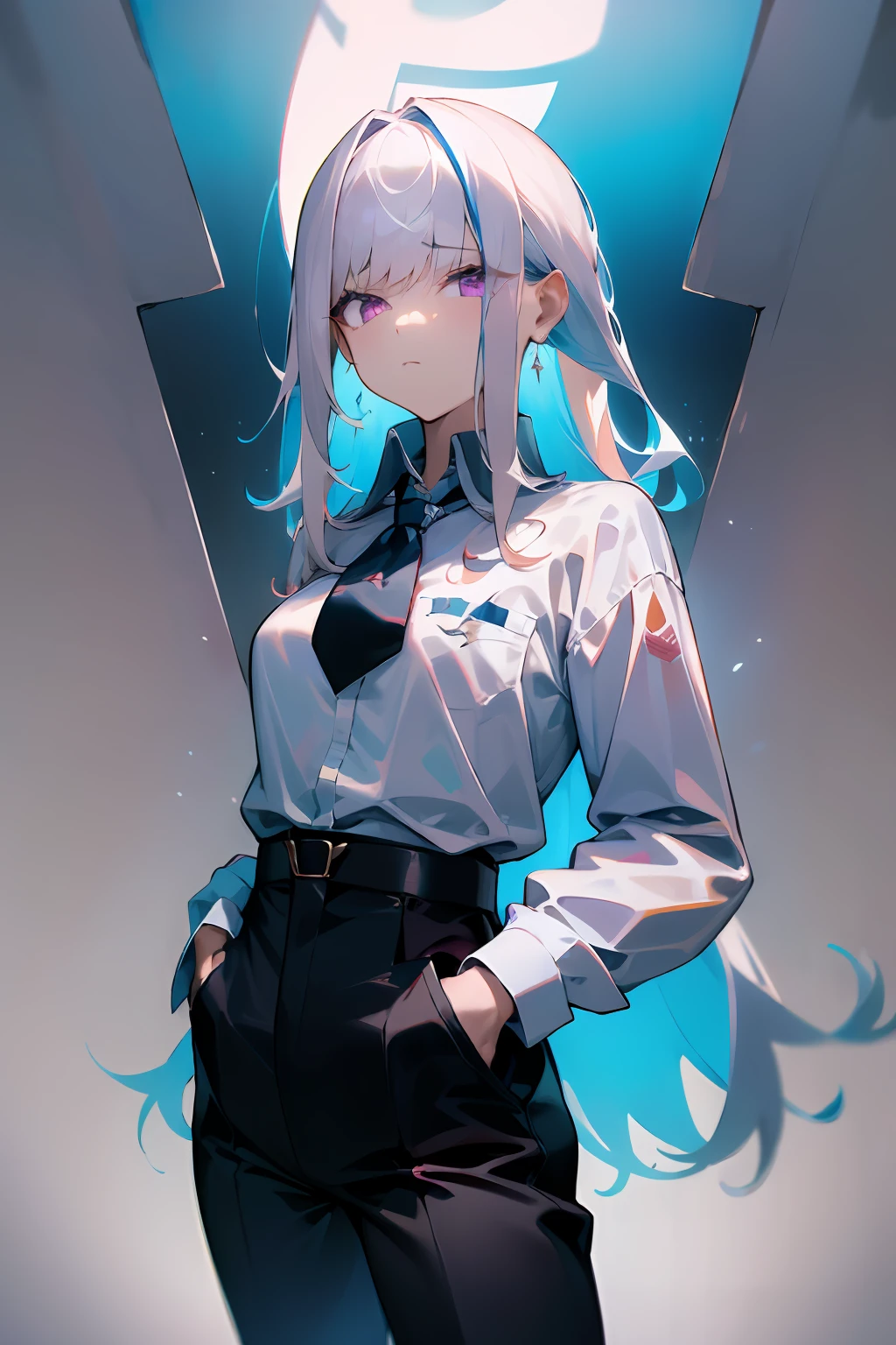 (masterpiece, best quality:1.2), cowboy shot, solo, 1girl, expressionless, closed mouth, looking at viewer, hands in pockets, ringed eyes, formal, white shirt, black necktie, black pants, white hair, purple eyes