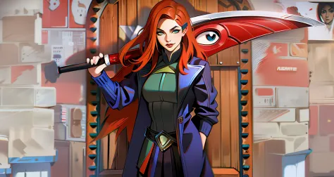 Garota com cabelo vermelho e um casaco preto segurando uma espada de carne em frente a porta de um castelo, com longos cabelos v...