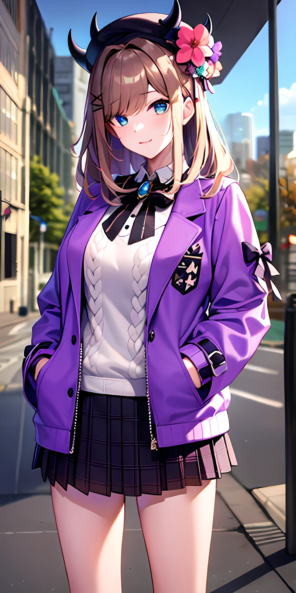 masterpiece, best quality, highres, hmsl1, horned headwear, hair flower, x hair ornament, white sweater, purple jacket, flower, long sleeves, open clothes, black bow, sleeves past wrists, skirt, cowboy shot, outdoors, street, standing, hand in pocket,