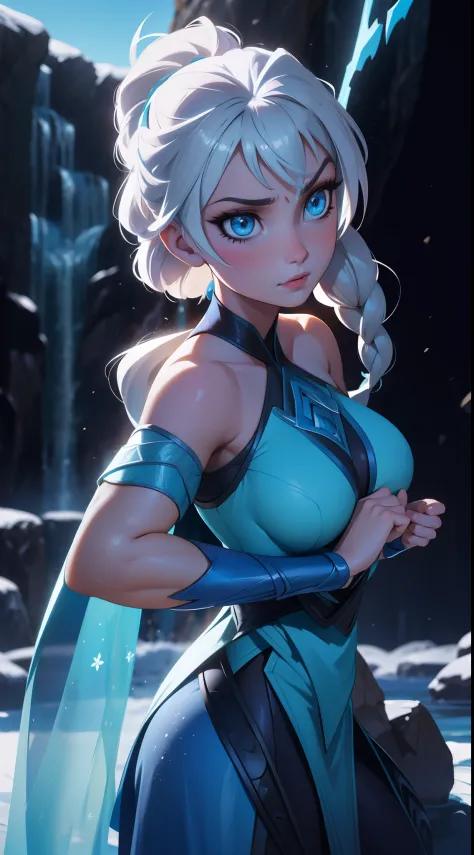 Elsa-Sub-zero Fusion, Cabelos brancos da Elsa, Roupas do Sub-zero, particulas de gelo, melting, 1girl, Beautiful, (master part:1...