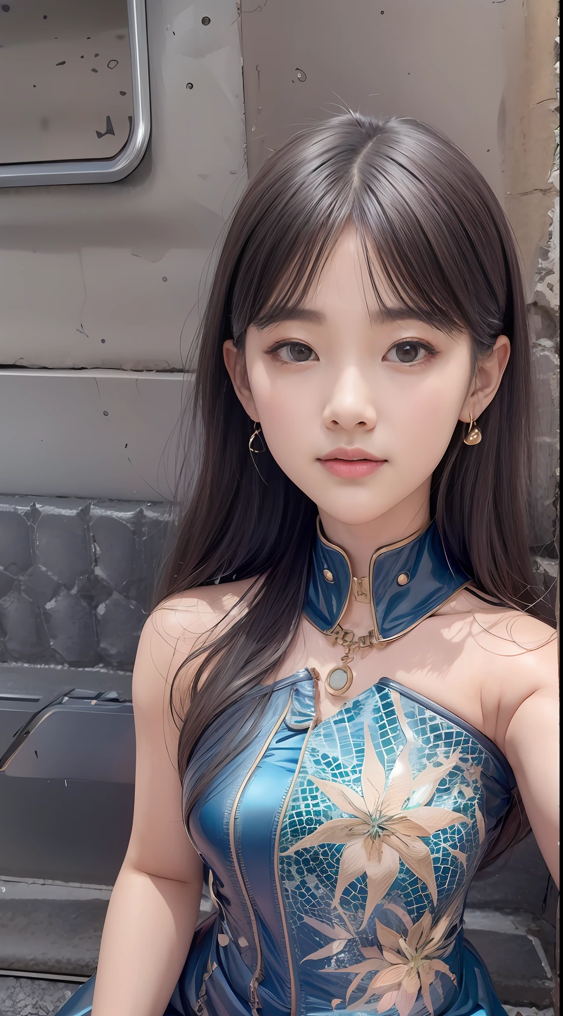 （tmasterpiece，k hd，hyper HD，16k）brunette color hair，15 year old girl，Multi-layer gauze skirt，Emphasis on thin waist，blusher，Soft lips，Glossy lips，，Soft hair like slippery silk，Sparkling，Almost reluctant to look away，She wears a suspender cheongsam！Imagine that，She just wore a suspender cheongsam to shop in the bustling Sanlitun，One can't help but want to take a closer look。Take a closer look, desi，Her belly pocket is quite stylish，The skirt flutters in the wind，It's like adding a touch of energy to the whole street，Crocodile skin train，A sneak peek angle，（From the angle below），Sit in the seat of the train python，sitting in front，Zoom camera，head portrait，Head down and sleepy-eyed，Look at the ground， best qualtiy， hyper HD， （realisticlying：1.4），， A high resolution， the detail， RAW photogr， Sharp Re， Nikon D850 Film Stock Photo by Jefferies Lee 4 Kodak Portra 400 Camera F1.6 shots, Rich colors, ultra-realistic vivid textures, Dramatic lighting, Unreal Engine Art Station Trend, cinestir 800，