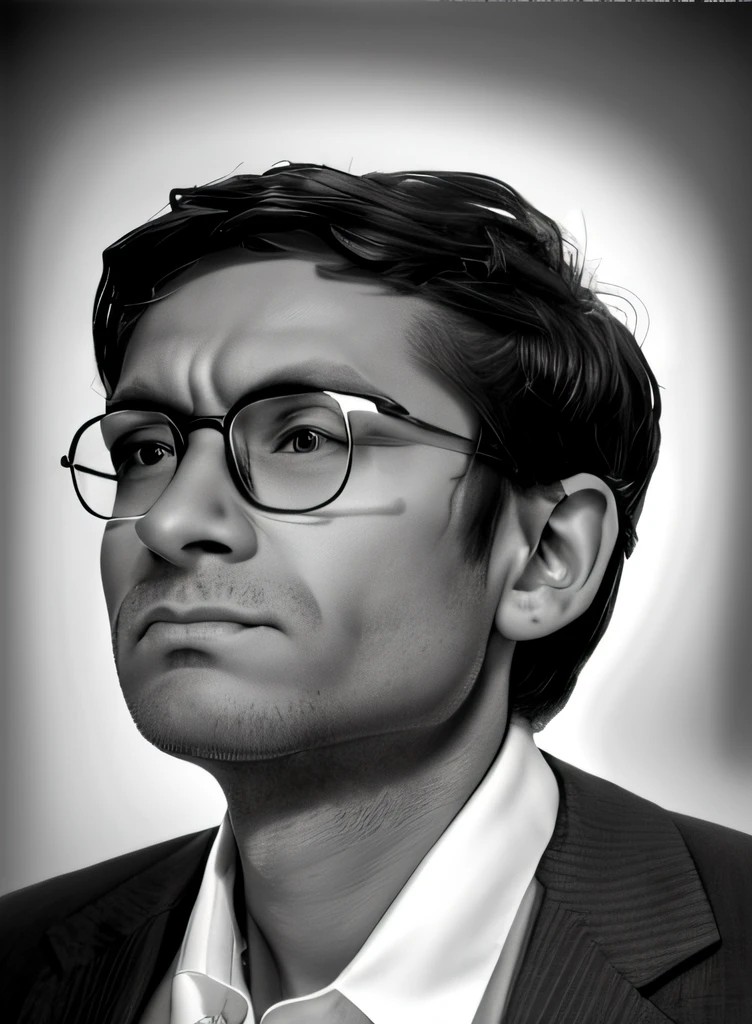 "Man in glasses, Realistic black and white portrait with serious expression and piercing eyes."