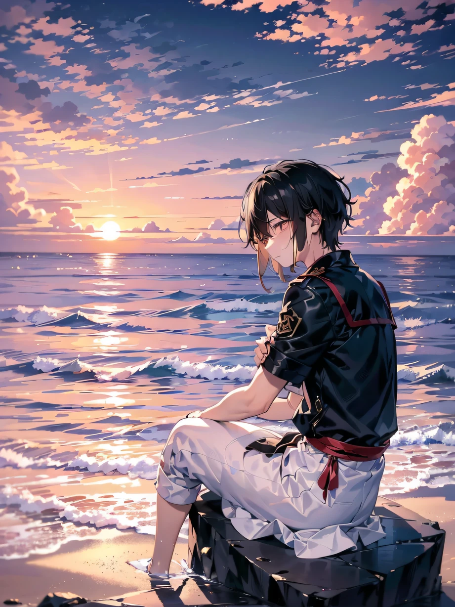 ，Masterpiece, Best quality，8K, 超高分辨率，late sunset，The grieving person sits alone on a rock by the sea。The waves lapping against the reef，As if accompanying his grief。The sky gradually turned to the afterglow，But there was only endless darkness in his eyes。