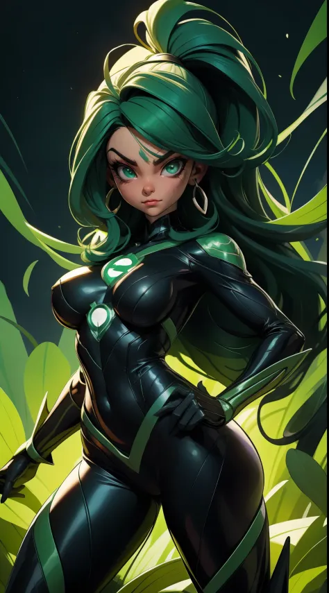Venom-Green Lantern Fusion, melting, Beautiful, 1girl, (master part:1.2), (melhor qualidade:1.2), ((pose de luta)), ((campo de b...