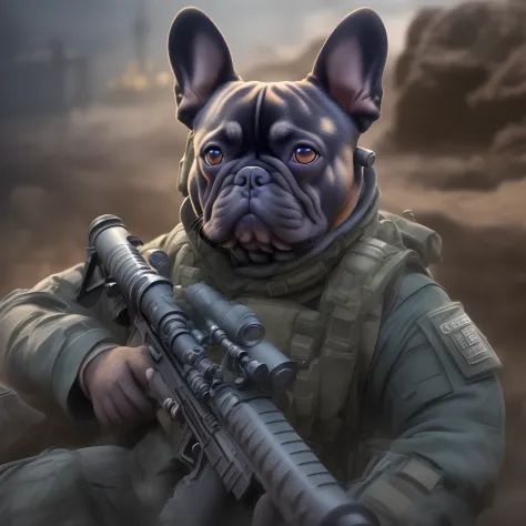 Keeping the French Bulldog Face, Very detailed special forces suit, (High detail sniper rifle), Battlefield Background, Stereosc...
