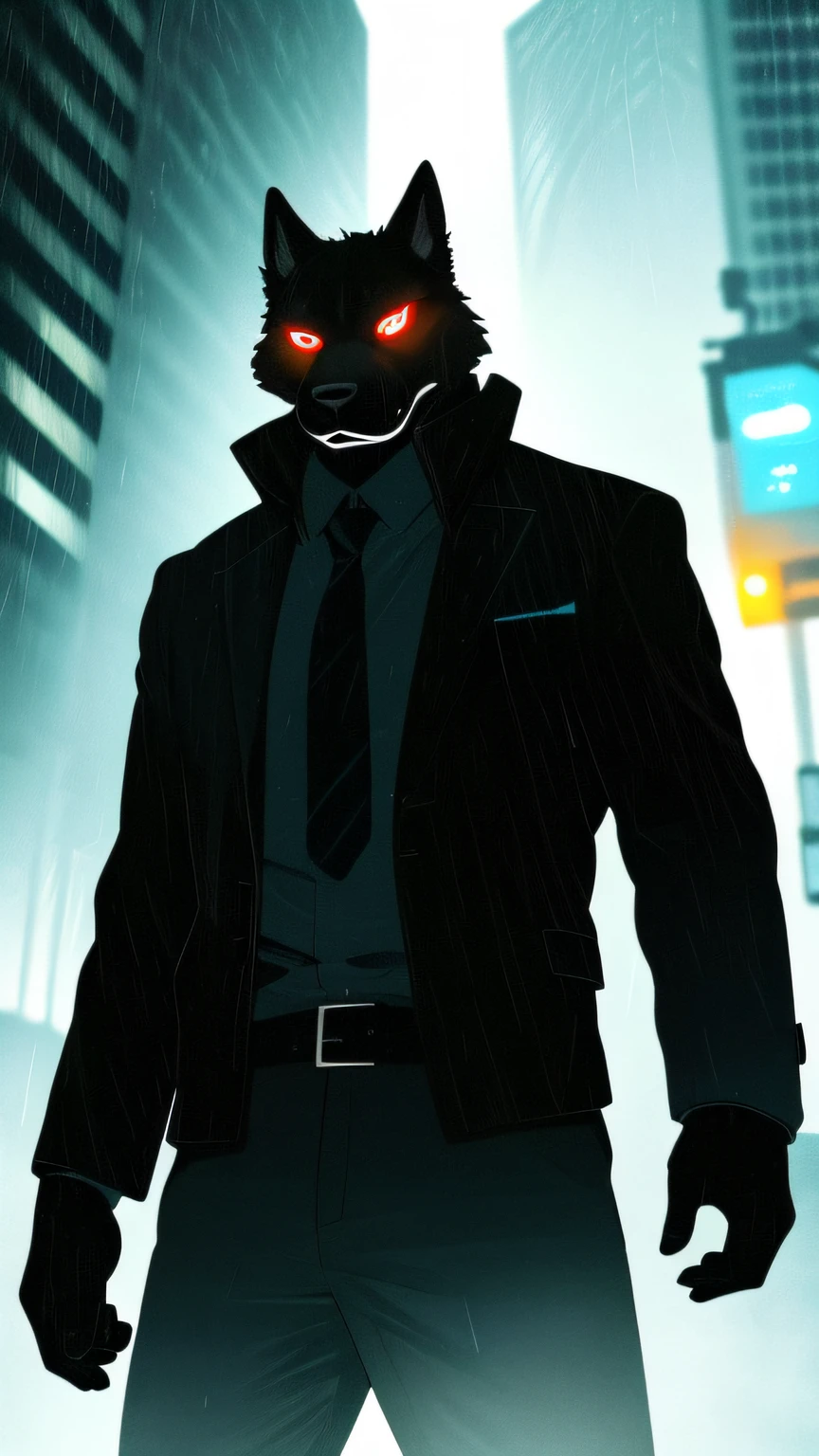 anthro, Man Black Dog, (protogen:1.1), Mechanical parts, whiskers, Very detailed portrait of a solo-1 man, Standing in the streets, during a downpour, neon and cyberpunk background, She is dressed in coat-clothes, tie, detailed glowing red eyes with distinct pupils, the sinister aura of Halo, ssmile, ciberpunk, back light, chromatic aberration, Depth of field, soft-lighting, tmasterpiece, beste-Qualit, an intricate, tone mapped, Detailed, Artstation, ConceptArt, fluent, sharp-focus, dramatic  lighting, Highly detailed works of art, Filmic, hyper-realistic painting, Trending on ArtStation, 8K,  Incredible shadows, Realistic, (high detailed background:1.0)