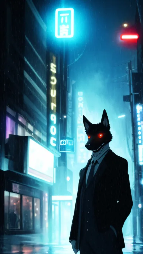 anthro, Man Black Dog, (protogen:1.1), Mechanical parts, whiskers, Very detailed portrait of a solo-1 man, Standing in the streets, during a downpour, neon and cyberpunk background, She is dressed in coat-clothes, tie, detailed glowing red eyes with distin...