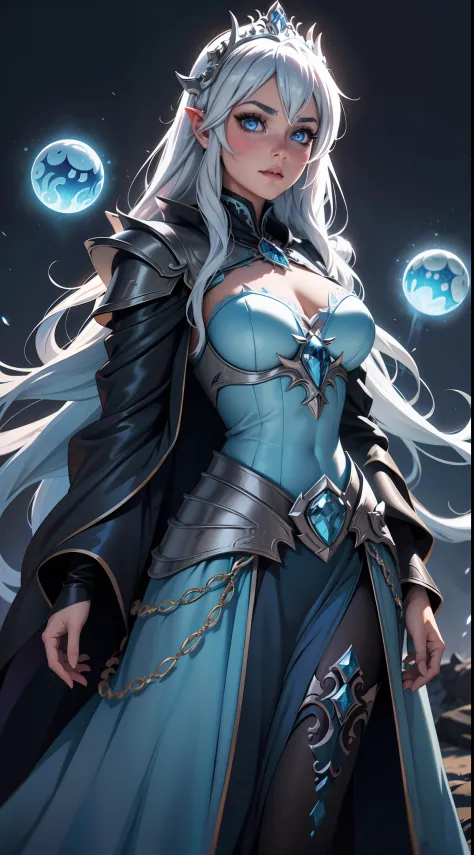 Elsa-Lich King Fusion, Cabelos brancos da Elsa, Roupas do Lich King, particulas de gelo, melting, 1girl, Beautiful, (master part...