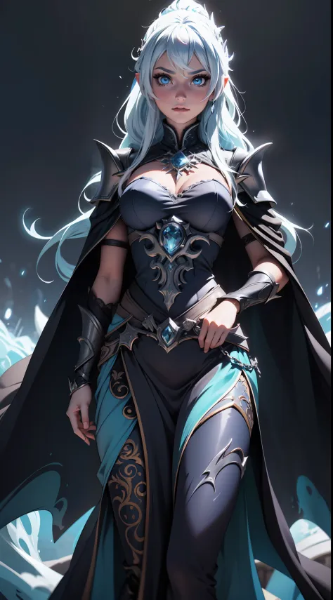 Elsa-Lich King Fusion, Cabelos brancos da Elsa, Roupas do Lich King, particulas de gelo, melting, 1girl, Beautiful, (master part...