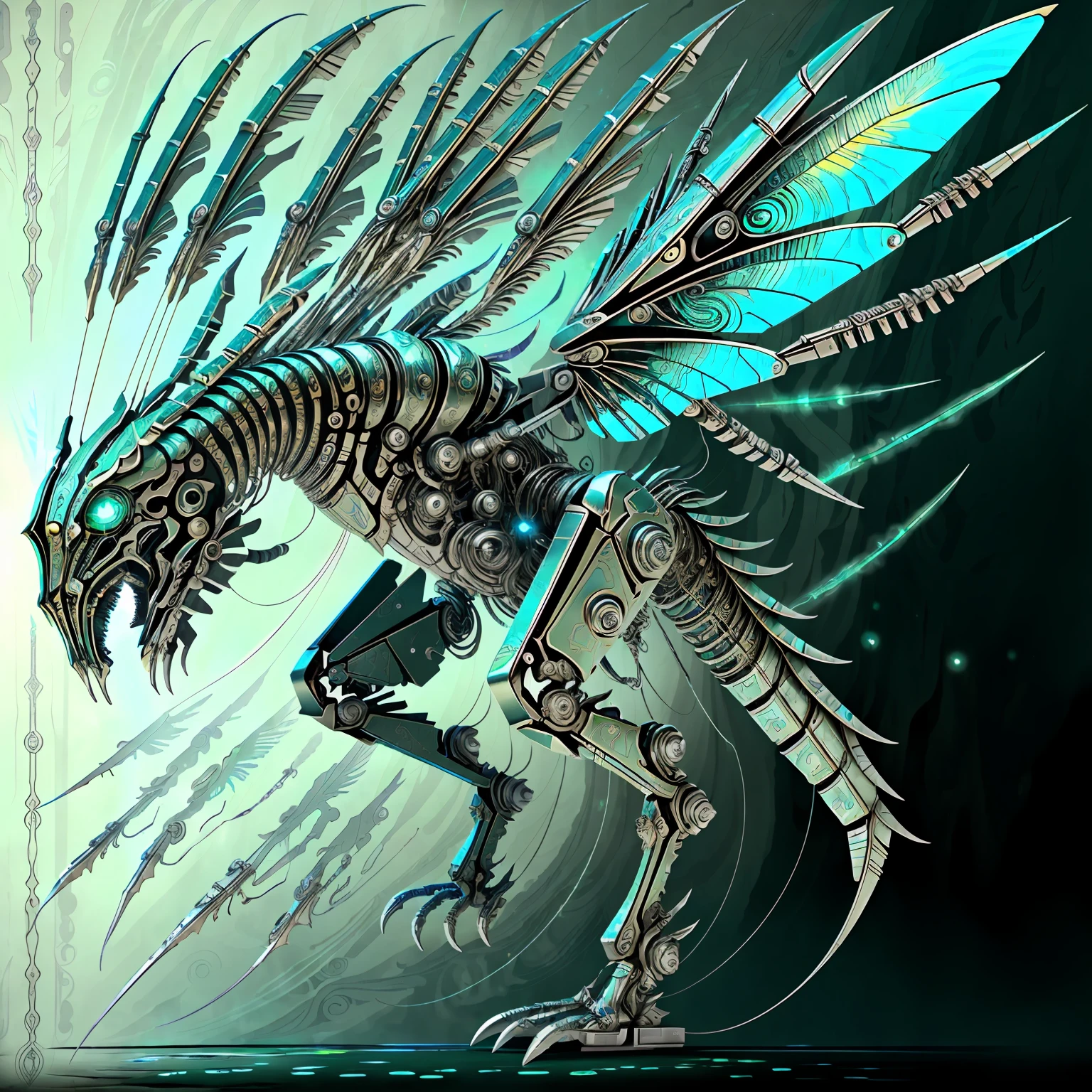 Coleoptor possesses a sturdy carapace and iridescent wings, giving him a majestic appearance. His armor is adorned with tribal symbols, and he wields an energy bow that fires arrows of bright light. His posture is elegant, standing tall like a true elite archer. ciborgue, Mechanical angel wings, sci-fi limpo e elegante