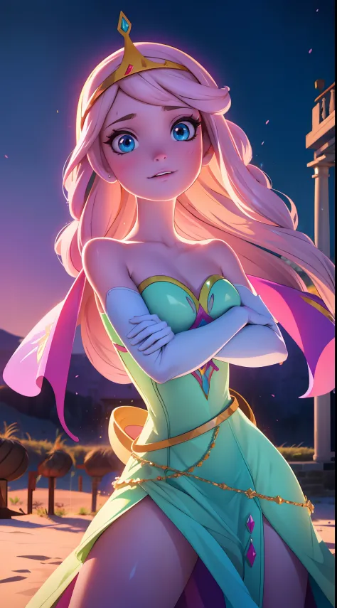Elsa-Princess Bubblegum Fusion, melting, Roupas da Princesa jujuba, particulas de gelo e doce, reino doce, 1girl, Beautiful, (ma...