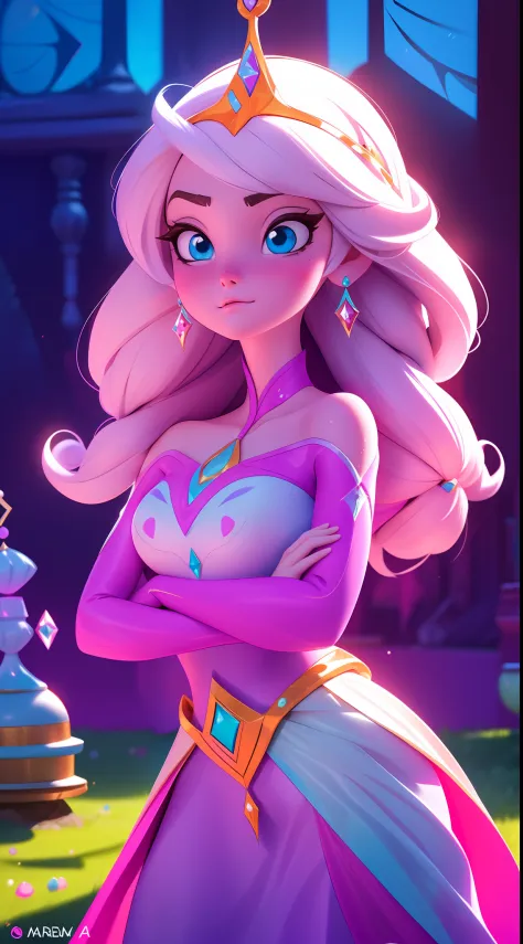 Elsa-Princess Bubblegum Fusion, melting, Mesclando modelos, Roupas da Princesa jujuba, particulas, reino doce, 1girl, Beautiful, (master part:1.2), (melhor qualidade:1.2), ((pose de luta)), ((campo de batalha)), cinemactic, olhos perfeitos, pele perfeita, ...