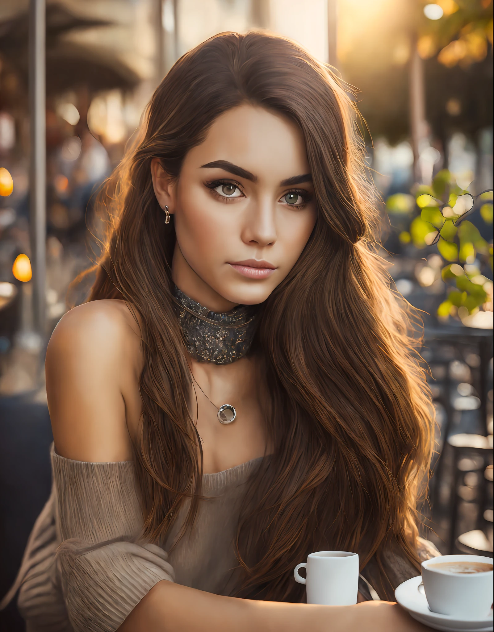 SamRelagado piercing eyes, looking straight,long hair, wearing an off-shoulder sweater, choker, closeup portrait, in a outdoor cafe in 2015, afternoon light --auto --s2