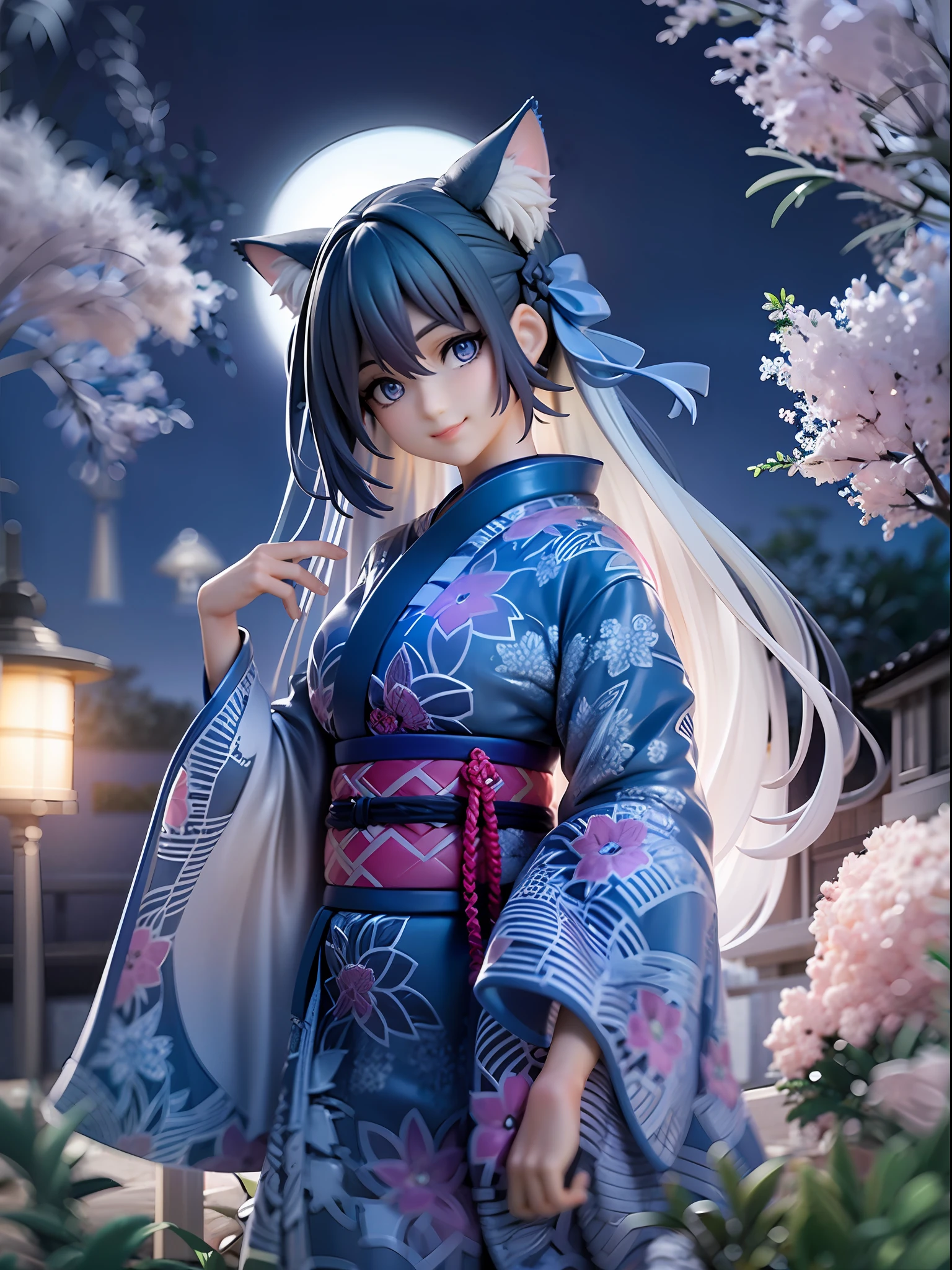 1girl, cat ears, cat tail, long blue hair, beautiful bright blue eyes, smiling, kimono, standing under a night sky with a full moon, surrounded by blue roses, [realistic], [3d], (8k, RAW photo, best quality, masterpiece:1.2), ultra high res, photo realistic, professional lighting, detailed lighting, professional photography, high quality, high res, extremely detailed, bloom, depth of field, sketch, sharp focus, soft lighting, detailed, detailed skin, to8contrast style.