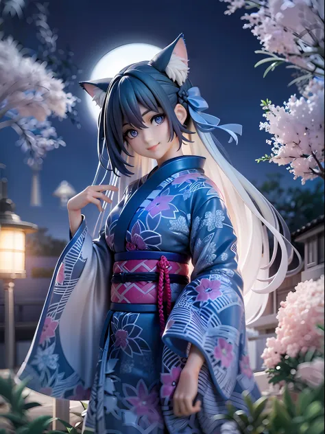 1girl, cat ears, cat tail, long blue hair, beautiful bright blue eyes, smiling, kimono, standing under a night sky with a full m...