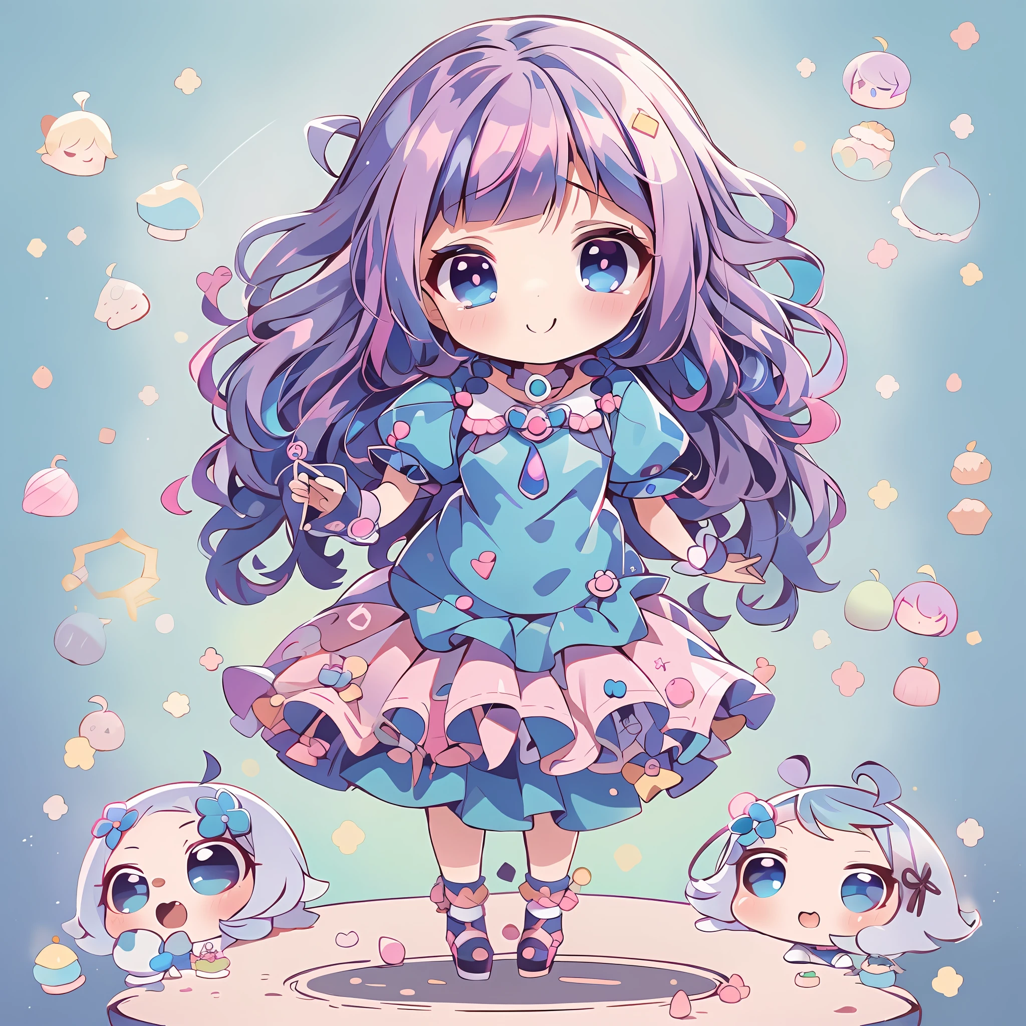 une fille , tout le corps , cheveux mi-roses mi-bleus , Bande , visage détaillé , robe kawaii , souriant , peau sombre , style chibi , fond simple , des bonbons dans la scène ,