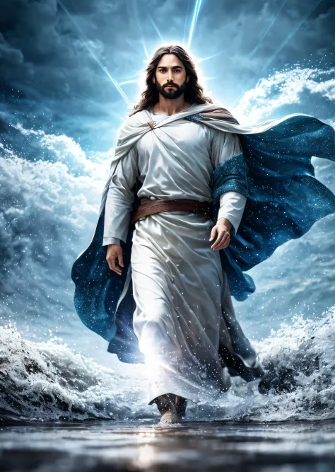 Jesus walking on water in a storm, gentle expression, streaks of light coming down from the sky, masterpiece, highest quality, h...