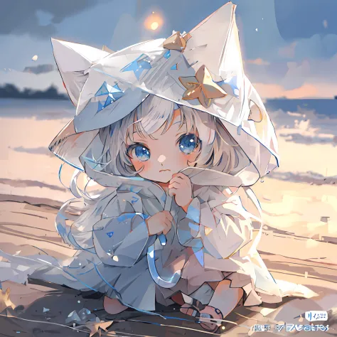 Anime girl sitting on beach in white hat and blue eyes, cute anime catgirl, Cute anime, Cute detailed digital art, very beautifu...