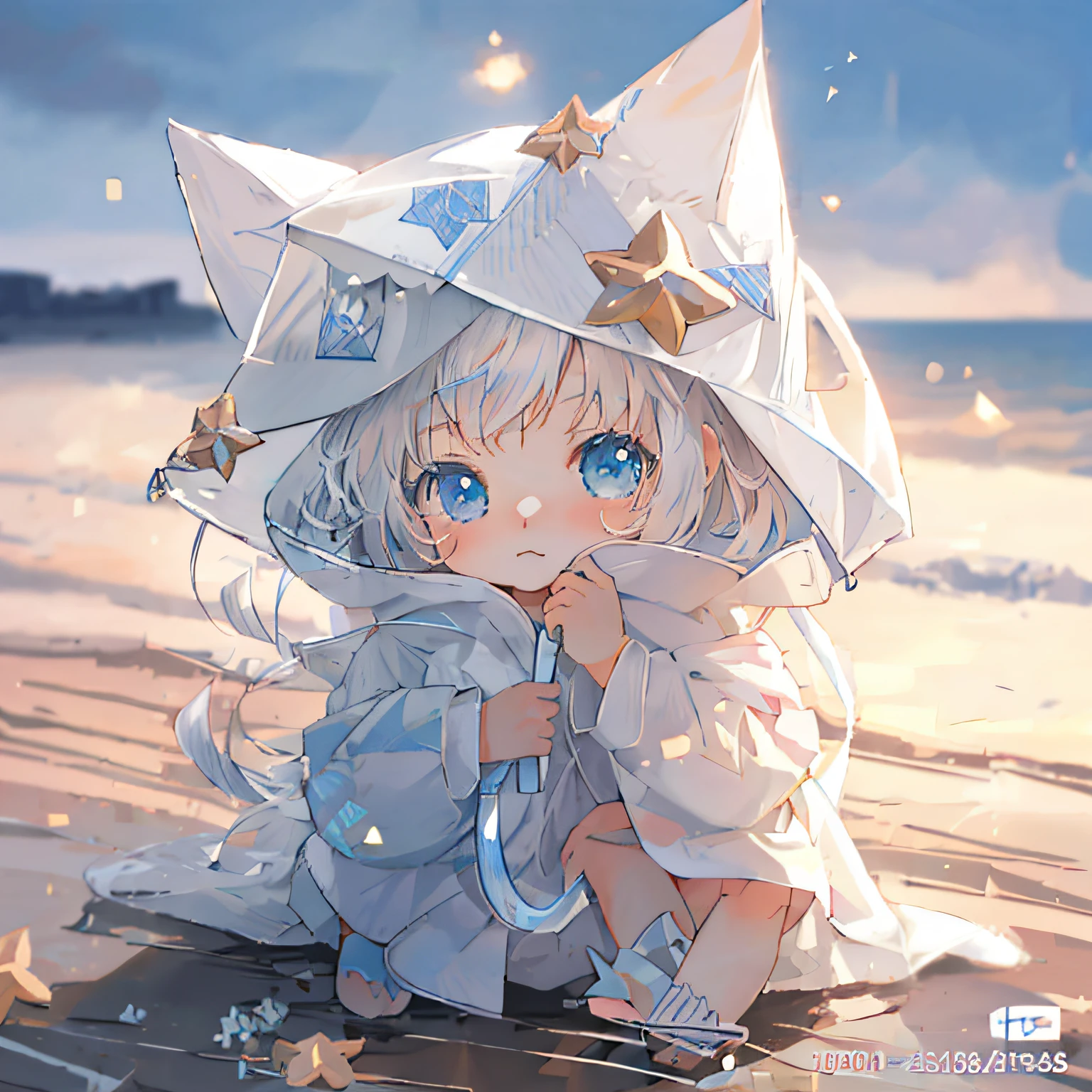 Anime-Mädchen sitzt am Strand mit weißem Hut und blauen Augen, süßes Anime-Katzenmädchen, Niedlich anime, Niedlich detailed digital art, sehr schönes süßes Katzenmädchen, schöner Kunststil, Sehr schönes Anime-Katzenmädchen, schönes Anime-Katzenmädchen, niedliche Kunstwerke, entzückende digitale Kunst, Weißes Katzenmädchen, Kunstwerke im Guviz-Stil, Niedlich!! Tchibi!!! Katzenfrau