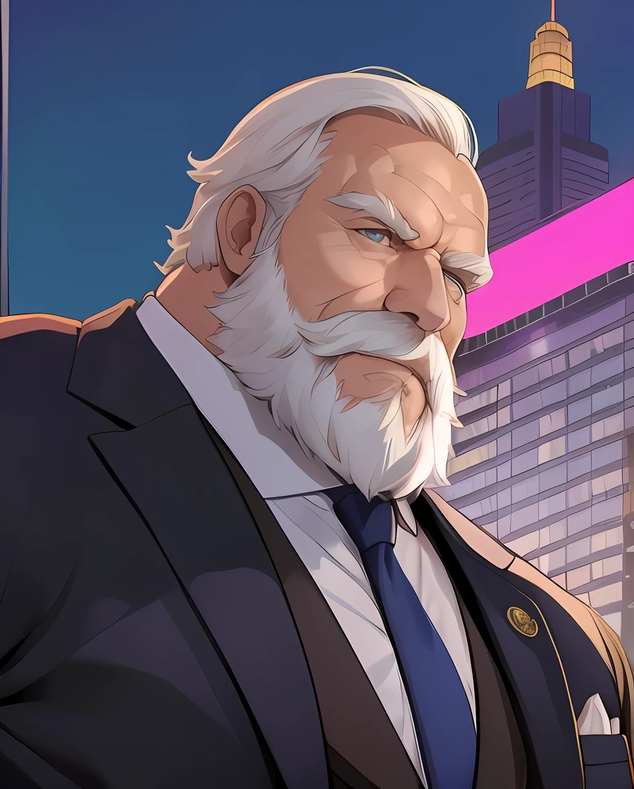 Portrait of a distinguished elderly man with a muscular build, dressed in a sleek suit, captured in a bust composition against a vibrant cityscape, ((headshot))