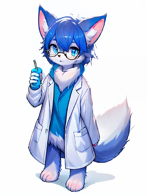 Anime character with arctic fox ears wearing lab coat and blue scarf,Arctic fox with fluffy blue fur,Arctic fox and pontoon,Wear...