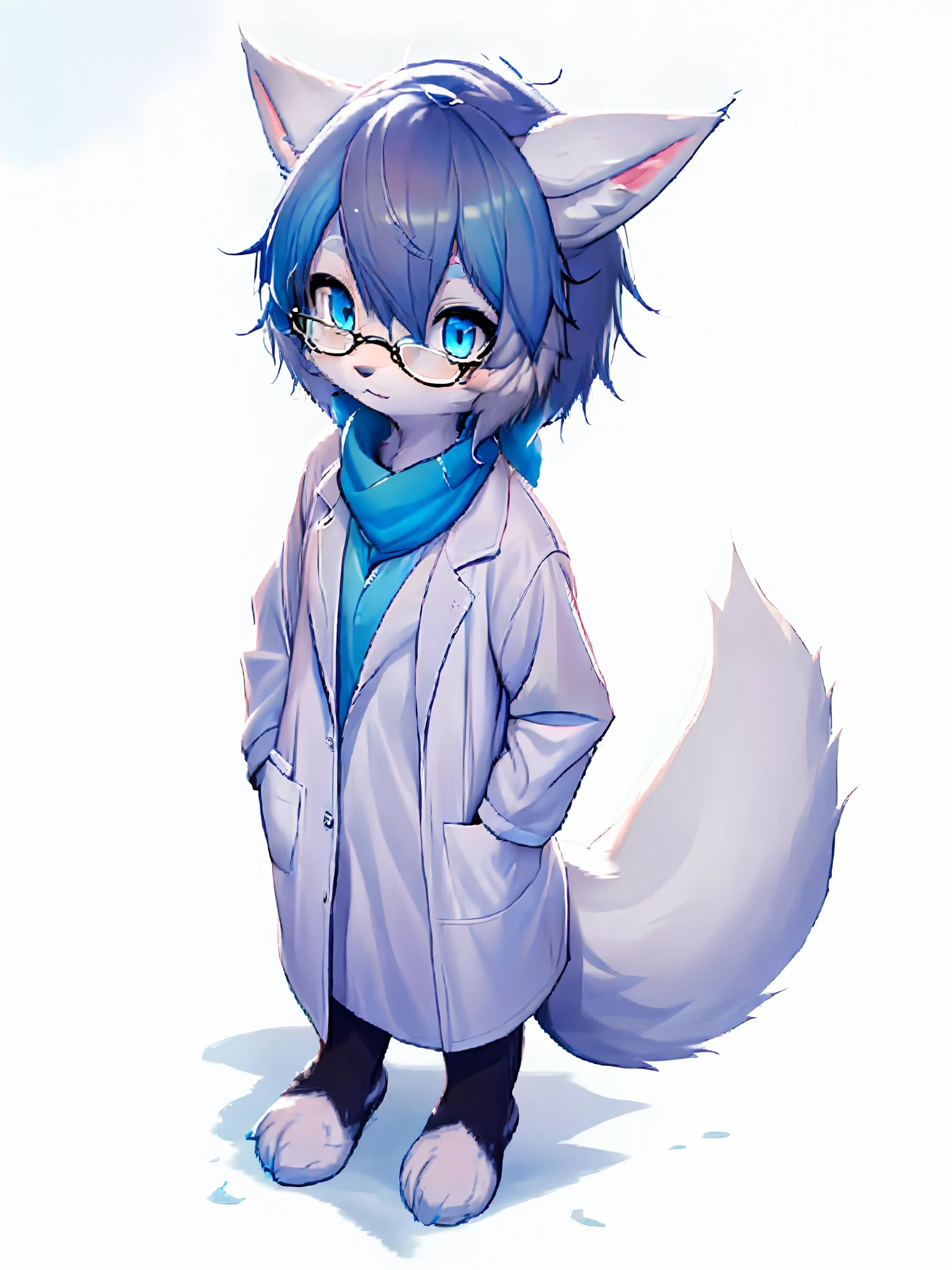 Anime character with arctic fox ears wearing lab coat and blue scarf,Arctic fox with fluffy blue fur,Wear half-rimmed glasses,Arctic fox beauty in lab coat,  Fox scientist, fursona furry art commission,  Human wolf fox,  professional furry drawing