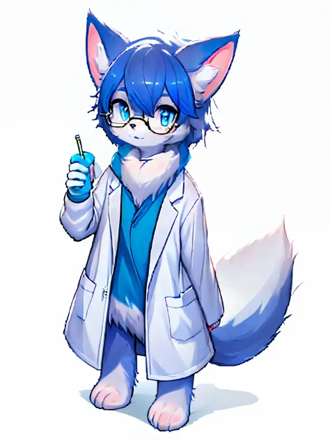 Anime character with arctic fox ears wearing lab coat and blue scarf,Arctic fox with fluffy blue fur,Arctic fox and pontoon,Wear...